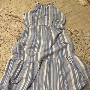 Blue and White Striped Halter Maxi Dress